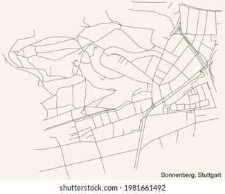 Black simple detailed street roads map on vintage beige background of the quarter Sonnenberg of district Möhringen of Stuttgart, Germany