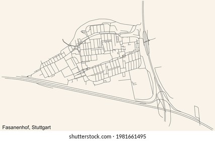 Black simple detailed street roads map on vintage beige background of the quarter Fasanenhof of district Möhringen of Stuttgart, Germany