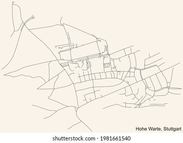 Schwarze, detaillierte Straßenkarte auf beigem Hintergrund des Stadtviertels Hohe Warte von Stuttgart, Deutschland