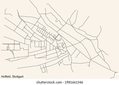 Black simple detailed street roads map on vintage beige background of the quarter Hoffeld of district Degerloch of Stuttgart, Germany
