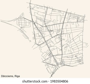Black simple detailed street roads map on vintage beige background of the quarter Dārzciems neighbourhood of Riga, Latvia
