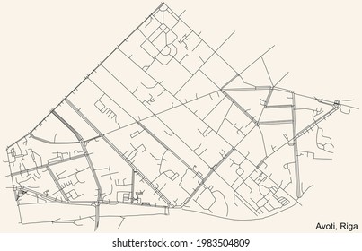 Black simple detailed street roads map on vintage beige background of the quarter Avoti neighbourhood of Riga, Latvia