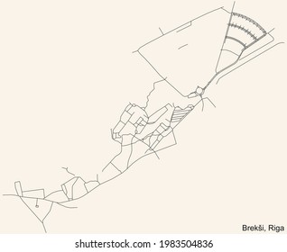 Black simple detailed street roads map on vintage beige background of the quarter Brekši neighbourhood of Riga, Latvia