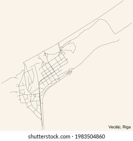 Black simple detailed street roads map on vintage beige background of the quarter Vecāķi neighbourhood of Riga, Latvia