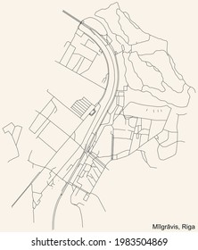 Black simple detailed street roads map on vintage beige background of the quarter Mīlgrāvis neighbourhood of Riga, Latvia