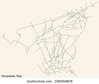 Black simple detailed street roads map on vintage beige background of the quarter Mangaļsala neighbourhood of Riga, Latvia