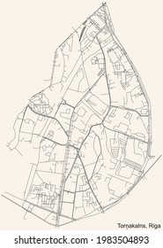 Black simple detailed street roads map on vintage beige background of the quarter Torņakalns neighbourhood of Riga, Latvia