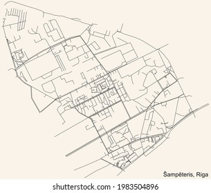 Black simple detailed street roads map on vintage beige background of the quarter Šampēteris neighbourhood of Riga, Latvia