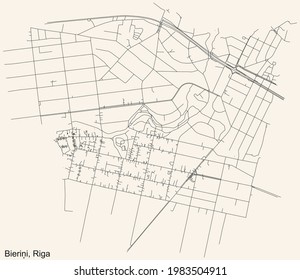 Black simple detailed street roads map on vintage beige background of the quarter Bieriņi neighbourhood of Riga, Latvia