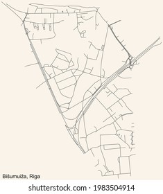 Black simple detailed street roads map on vintage beige background of the quarter Bišumuiža neighbourhood of Riga, Latvia