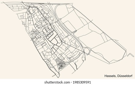 Black simple detailed street roads map on vintage beige background of the quarter Hassels Stadtteil of Düsseldorf, Germany