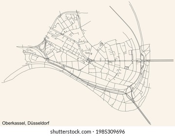 Black simple detailed street roads map on vintage beige background of the quarter Oberkassel Stadtteil of Düsseldorf, Germany