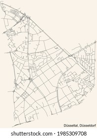 Black simple detailed street roads map on vintage beige background of the quarter Düsseltal Stadtteil of Düsseldorf, Germany