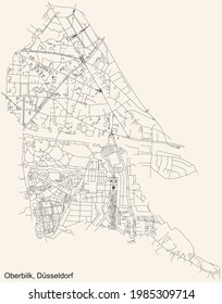 Black simple detailed street roads map on vintage beige background of the quarter Oberbilk Stadtteil of Düsseldorf, Germany