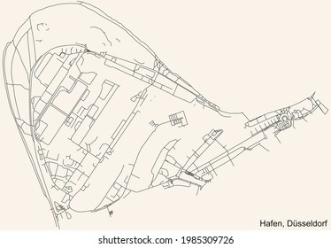 Schwarze, detaillierte Straßenkarte auf beigem Hintergrund des Stadtteils Stadtteil Düsseldorf, Deutschland