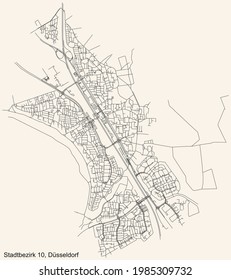 Black simple detailed street roads map on vintage beige background of the quarter Stadtbezirk 10 district of Düsseldorf, Germany