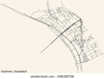 Black simple detailed street roads map on vintage beige background of the quarter Golzheim Stadtteil of Düsseldorf, Germany