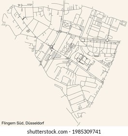 Black simple detailed street roads map on vintage beige background of the quarter Flingern Süd Stadtteil of Düsseldorf, Germany