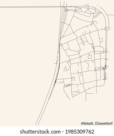 Black simple detailed street roads map on vintage beige background of the quarter Altstadt Stadtteil of Düsseldorf, Germany