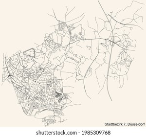 Black simple detailed street roads map on vintage beige background of the quarter Stadtbezirk 7 district of Düsseldorf, Germany