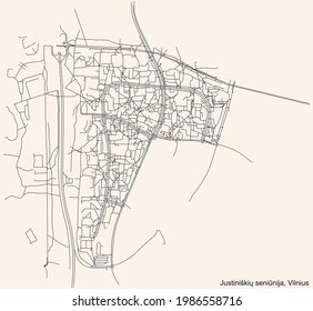 Black simple detailed street roads map on vintage beige background of the quarter Justiniškės eldership (Justiniškių seniūnija) of Vilnius, Lithuania