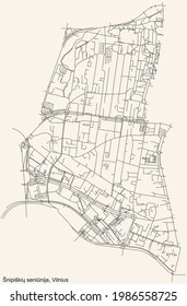 Black simple detailed street roads map on vintage beige background of the quarter Šnipiškės eldership (Šnipiškių seniūnija) of Vilnius, Lithuania