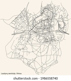 Black simple detailed street roads map on vintage beige background of the quarter Lazdynai eldership (Lazdynų seniūnija) of Vilnius, Lithuania