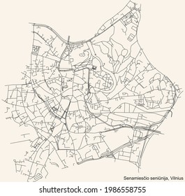 Black simple detailed street roads map on vintage beige background of the quarter Senamiestis (Old Town) eldership (Senamiesčio seniūnija) of Vilnius, Lithuania