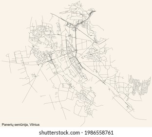 Black simple detailed street roads map on vintage beige background of the quarter Paneriai eldership (Panerių seniūnija) of Vilnius, Lithuania