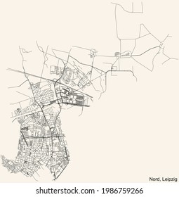 Black simple detailed street roads map on vintage beige background of the quarter North (Nord) district of Leipzig, Germany