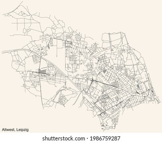 Black simple detailed street roads map on vintage beige background of the quarter Old West (Alt-West) district of Leipzig, Germany