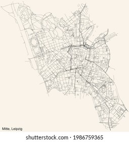 Black simple detailed street roads map on vintage beige background of the quarter Center (Mitte) district of Leipzig, Germany