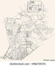Black simple detailed street roads map on vintage beige background of the quarter Northeast (Nordost) district of Leipzig, Germany