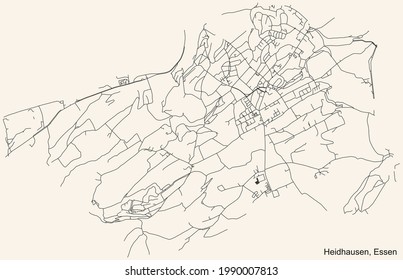 Mapa de calles sencillas y negras sobre el fondo beige vintage del barrio de Heidhausen Stadtteil de Essen, Alemania