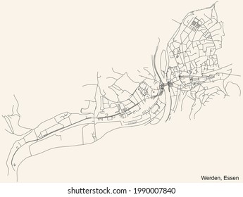 Mapa de calles sencillas y negras en el fondo beige vintage del barrio Werden Stadtteil de Essen, Alemania