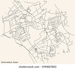 Mapa de calles sencillas y negras sobre el fondo beige vintage del barrio Schonnebeck Stadtteil de Essen, Alemania