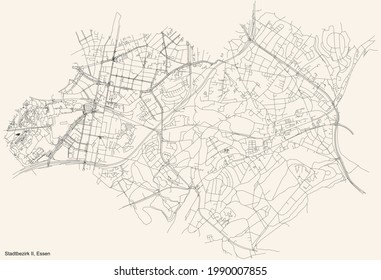 Mapa de calles sencillas y detalladas en negro sobre el fondo beige vintage del barrio de Stadtbezirk II (Rüttenscheid-Bergerhausen) de Essen, Alemania