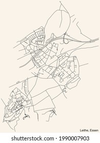 Mapa de calles sencillas y negras sobre el fondo beige vintage del barrio Leithe Stadtteil de Essen, Alemania