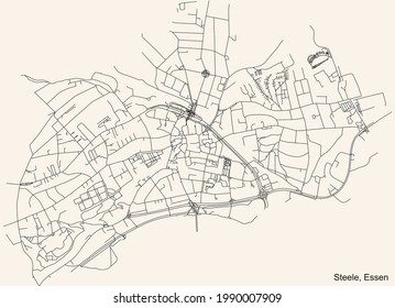 Mapa de calles sencillas y negras detalladas sobre el fondo beige vintage del barrio de Steele Stadtteil de Essen, Alemania