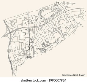 Mapa de calles sencillas y negras sobre el fondo beige vintage del barrio Altenessen-Nord Stadtteil de Essen, Alemania