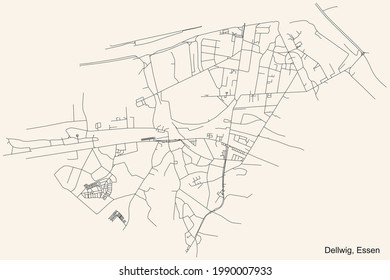 Mapa de calles sencillas y negras en el fondo beige vintage del barrio de Dellwig Stadtteil de Essen, Alemania