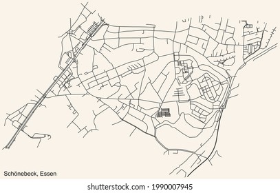 Mapa de calles sencillas y negras sobre el fondo beige vintage del barrio Schönebeck Stadtteil de Essen, Alemania