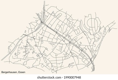 Mapa de calles sencillas y negras sobre el fondo beige vintage del barrio de Bergerhausen Stadtteil de Essen, Alemania