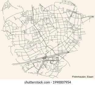 Black simple detailed street roads map on vintage beige background of the quarter Frohnhausen Stadtteil of Essen, Germany