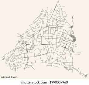 Mapa de calles sencillas y negras sobre el fondo beige vintage del barrio Altendorf Stadtteil de Essen, Alemania