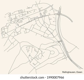 Mapa de calles sencillas y negras sobre el fondo beige vintage del barrio Rellinghausen Stadtteil de Essen, Alemania