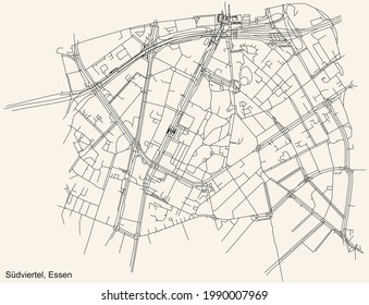 Mapa de calles sencillas y negras sobre el fondo beige vintage del barrio de Südviertel Stadtteil de Essen, Alemania