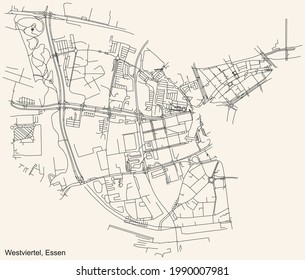 Mapa de calles sencillas y negras sobre el fondo beige vintage del barrio Westviertel Stadtteil de Essen, Alemania