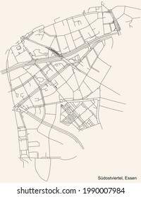 Mapa de calles sencillas y negras sobre el fondo beige vintage del barrio de Südostviertel Stadtteil de Essen, Alemania