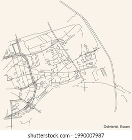 Mapa de calles sencillas y negras sobre el fondo beige vintage del barrio Ostviertel Stadtteil de Essen, Alemania